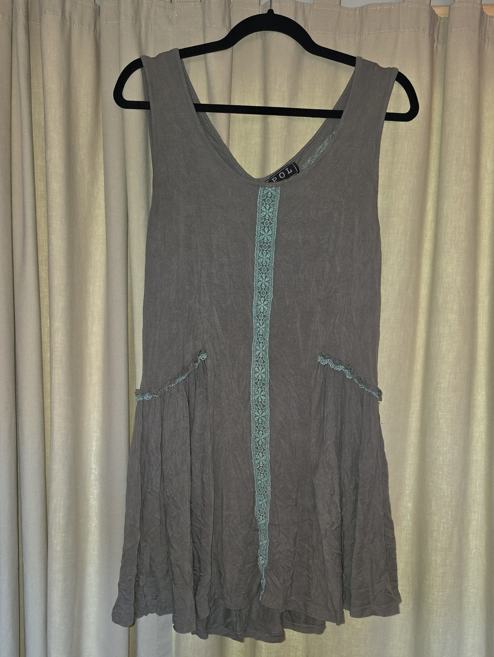POL Gray Sleeveless Tunic with Teal Lace Trim